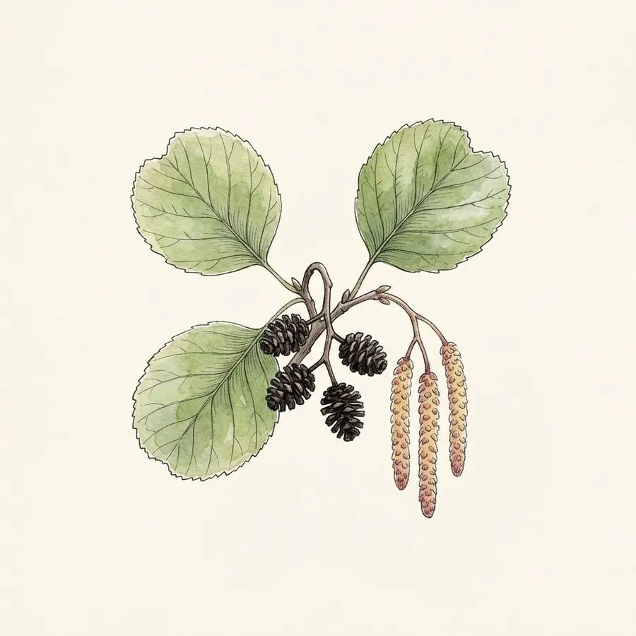 Botanical drawing of Alder (Alnus glutinosa). Little woody cones, still on the twigs in winter; round leaves.