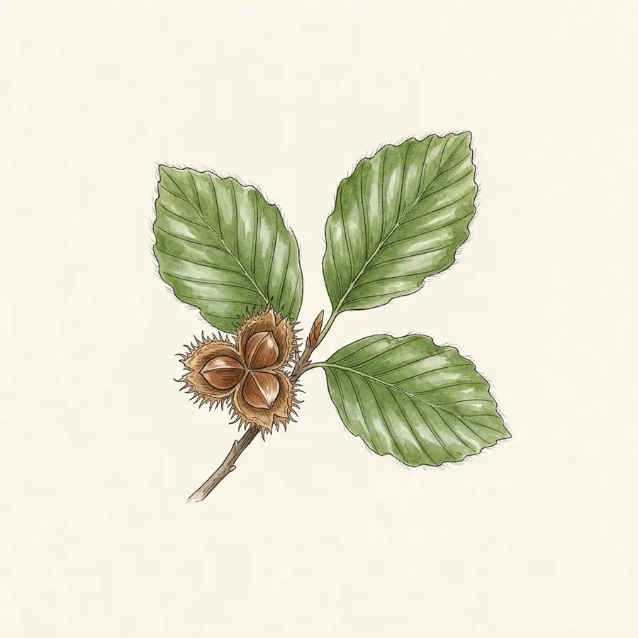 Botanical drawing of Beech (Fagus sylvatica). Smooth grey bark; wavy-edged leaves; spiky nut husks.