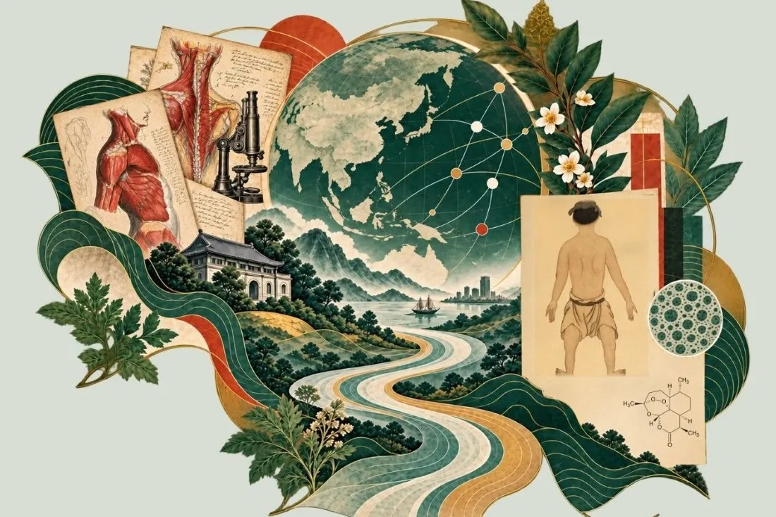 Illustration from the workshop poster, a collage of anatomical drawings, a microscope, a globe centred on East Asia, a winding river, botanical sprigs and a chemical structure.