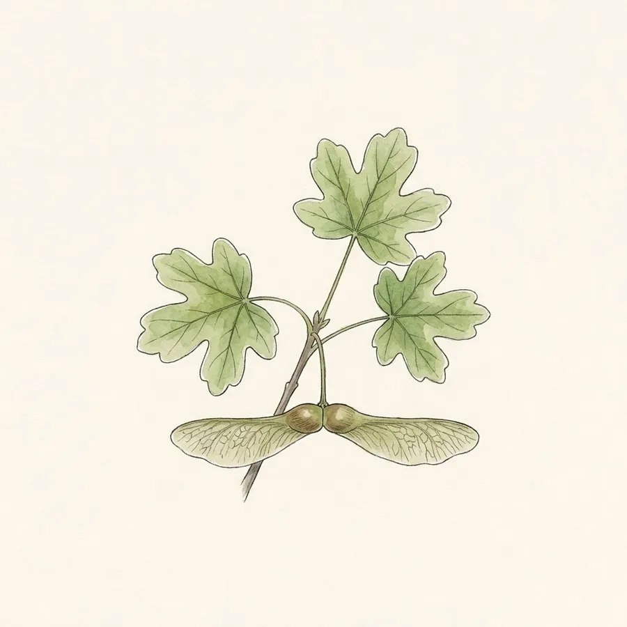 Botanical drawing of Field maple (Acer campestre). Small leaves with five rounded lobes; seeds with flat wings.
