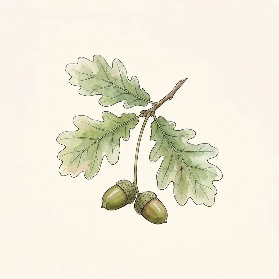 Botanical drawing of Pedunculate oak (Quercus robur). Acorns hang on long stalks; leaves have almost no stalk.