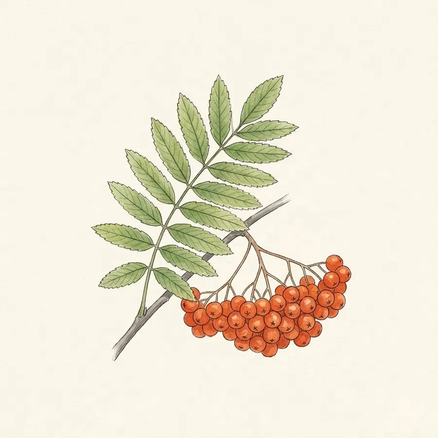 Botanical drawing of Rowan (Sorbus aucuparia). Feathery leaves of paired leaflets; bunches of red berries.