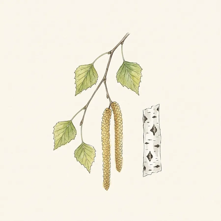 Botanical drawing of Silver birch (Betula pendula). White bark with black diamonds; drooping twigs.
